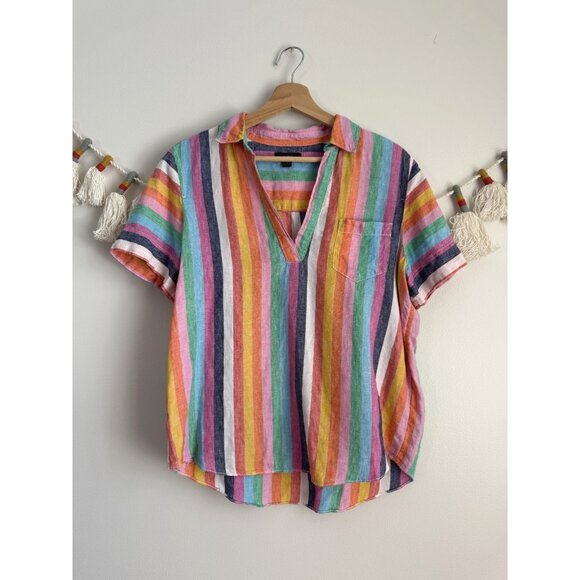 J.CREW Tops - J. Crew 100% Linen Multicolor Rainbow V-Neck Short Sleeve Top Coastal Beachy S